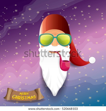 vector rock n roll santa claus with smoking pipe, funky beard and santa hat. Christmas hipster poster background or merry christmas concept vector background.