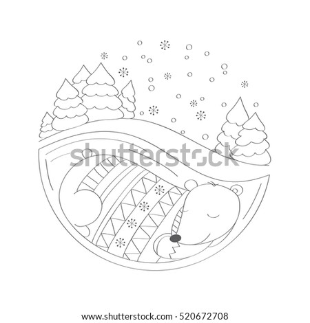 Bear in retro-patterned sweater sleeping in its winter lair, with snow-covered treesabove it. Coloring book for adults and children.  Isolated vector design elements on a white background. 
