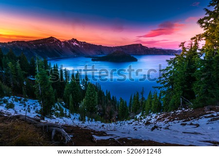 Crater Lake National Park Oregon Cold Winter Sunset Sky  Royalty-Free Stock Photo #520691248