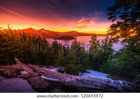 Crater Lake National Park Wizard Island and Watchman Peak Oregon at Sunset  Royalty-Free Stock Photo #520693972