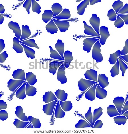 Hibiscus flowers and buds retro seamless pattern illustration in blue and neutral colors on white background.