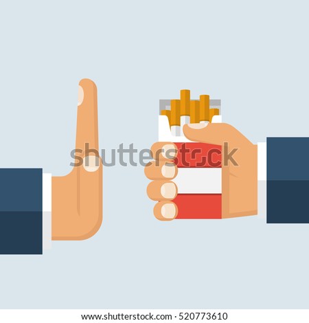 No smoking. Reject cigarette offer. Anti tobacco concept. Cigarette pack in his hand. Hand gesture to reject proposal smoke. Vector illustration flat design.