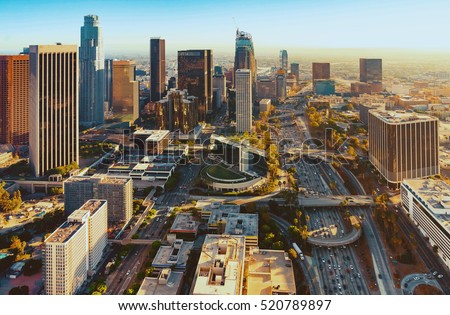 Aerial view of a Downtown Los Angeles at sunset Royalty-Free Stock Photo #520789897