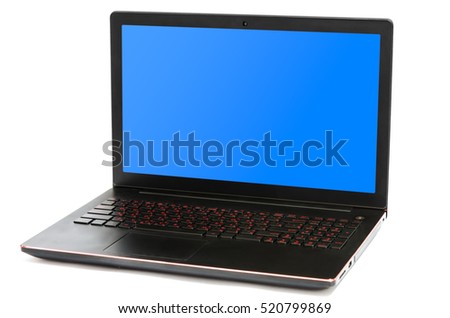 Black laptop computer with 15.6 inch blank blue screen and red back-light keyboard isolated on white background
