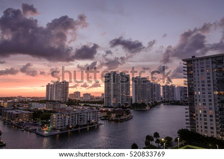Sunset on high rise condos in Miami Beach Florida