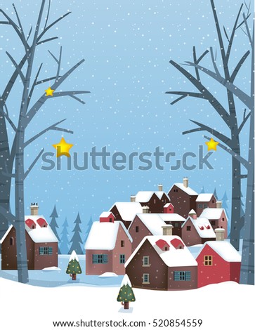 Illustration of a beautiful village on a snowy winter day and stars hanging on trees.