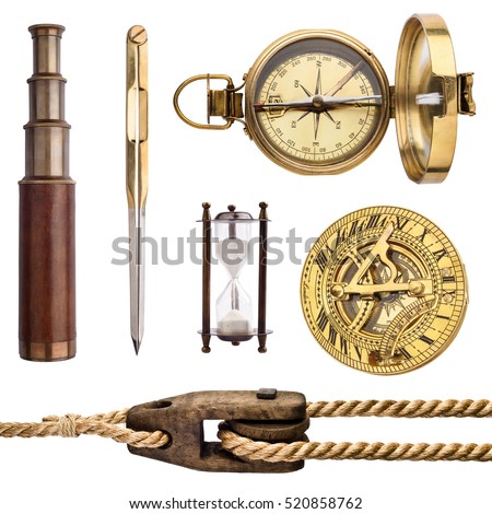 Compass, sundial, telescope, rope, divider isolated on white background. Vintage sea collection. Royalty-Free Stock Photo #520858762