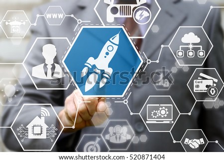 Rocket business start up success concept . Businessman presses start a startup button. Begining solution technology start-up. Sign spaceship technology.