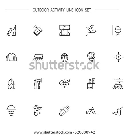 Outdoor activity flat icon set. Collection of high quality outline symbols of camping for web design, mobile app. Vector thin line icons or logo of rafting, forest, campfire, mountains, etc.