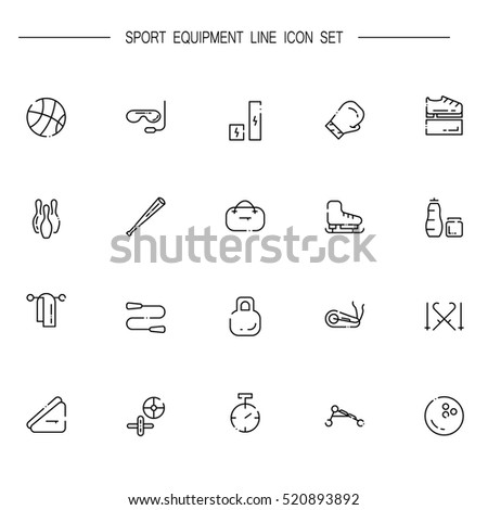 Sport equipment flat icon set. Collection of high quality outline symbols of fitness equipment for web design, mobile app. Vector thin line icons or logo of ball, mask, bandage, bag, stepper, etc.