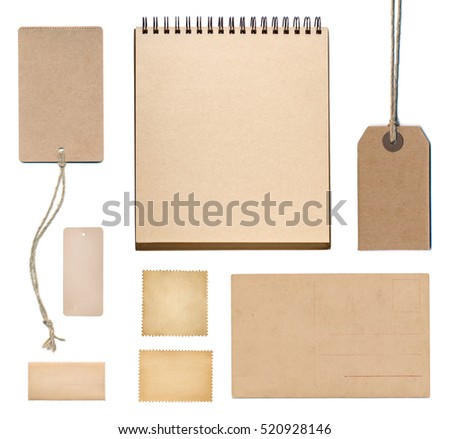 Postage stamp, notebook, tag and postcard isolated on white.
