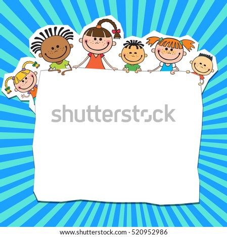 illustration of kids peeping behind banner blue color