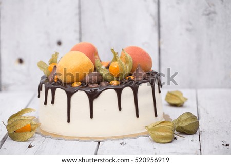Vanilla cake decorated with chocolate, apricots and winter cherries