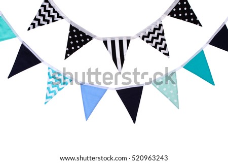 Party triangle bunting flags hanging on the rope. Isolated on white  background.