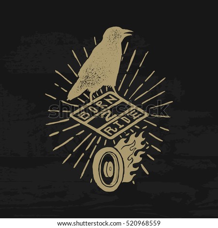 born to ride motorcycle print. born 2 ride. motorcycle label with raven, wing and fire.