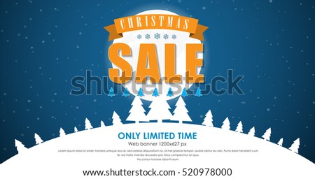 horizontal web banner design for the Christmas sales. Template text on a background of the night sky with the snowy hills and trees. Vector illustration