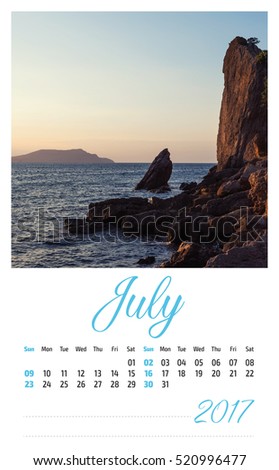 2017 photo calendar with minimalist landscape. July.