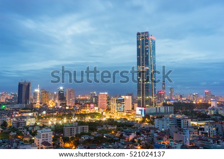 Aerial view of Hanoi cityscape at Lieu Giai street - Dao Tan street - Kim Ma street, Ba Dinh district. Hanoi skyline at twilight