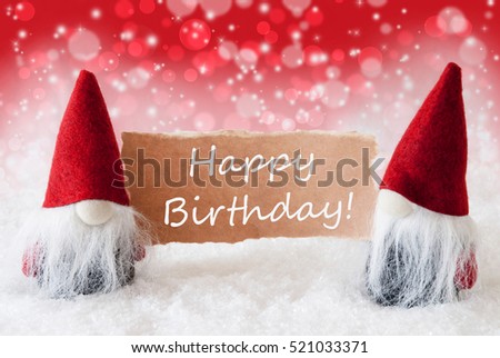 Red Christmassy Gnomes With Card, Text Happy Birthday