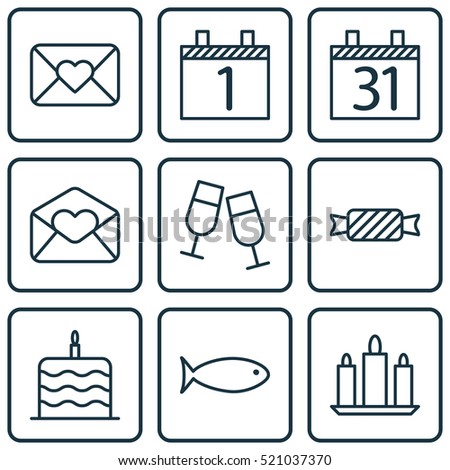 Set Of 9 New Year Icons. Can Be Used For Web, Mobile, UI And Infographic Design. Includes Elements Such As Flame, Love, Date And More.