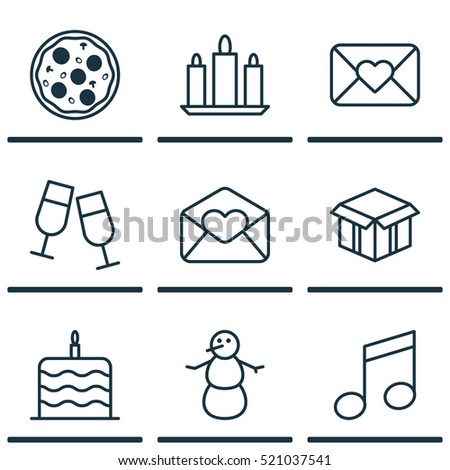 Set Of 9 Holiday Icons. Includes Elements Such As Pizza, Note, Music And More