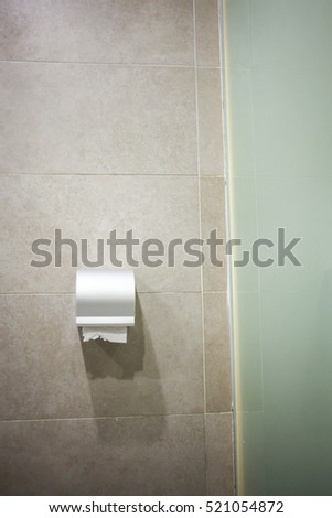 Toilet paper rolls in restroom. Selective focus. Copy space.