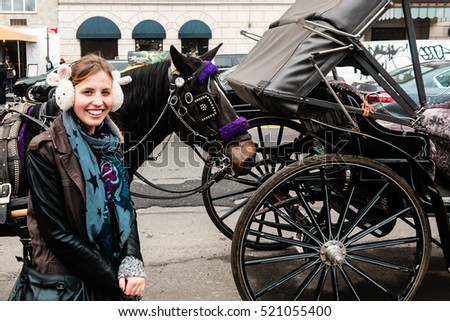 Photo of Girl inf front of Horse and Carriage near Central Park in Manhattan, New York Ciry
