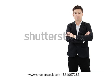 Portrait of young smart asia business man with arms crossed on white background.