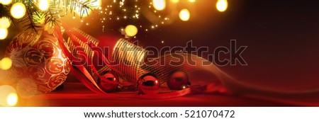 Merry Christmas; Holidays background with Xmas tree decoration on red background