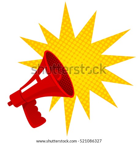 Vector vintage poster with red retro megaphone. Retro megaphone. Royalty-Free Stock Photo #521086327
