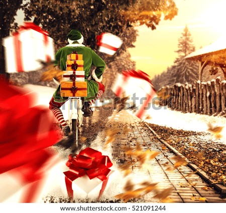 Christmas elf on street and splash of gifts 