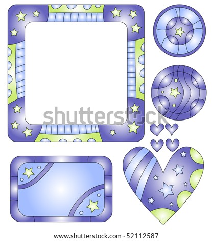 Blue, green and white labels, buttons and hearts