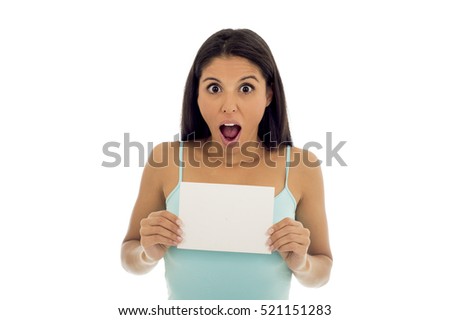 young attractive and happy hispanic woman holding blank card with copy space isolated on white background in advertising concept