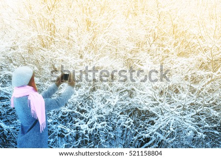Woman takes pictures of the winter  trees