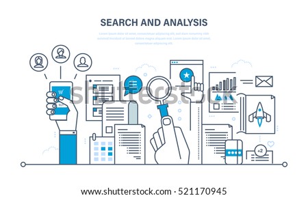 Search and analysis of information, communication and services, marketing and research, information, statistics and analytics. Illustration thin line design of vector doodles, infographics elements. Royalty-Free Stock Photo #521170945