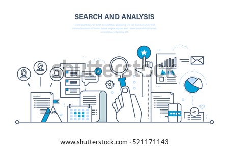 Search and analysis of information, communication and services, marketing and research, information, statistics and analytics. Illustration thin line design of vector doodles, infographics elements. Royalty-Free Stock Photo #521171143