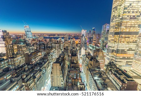 Manhattan sunset skyline in autumn, New York City.