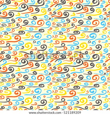  Abstract seamless pattern. Hand drawn artistic ink curves. Blue, orange, grey and yellow colors background. Design element for textile and wrapping paper