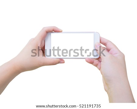 Asian Female hand holding mobile smart phone taking photo isolated on white background with clipping path