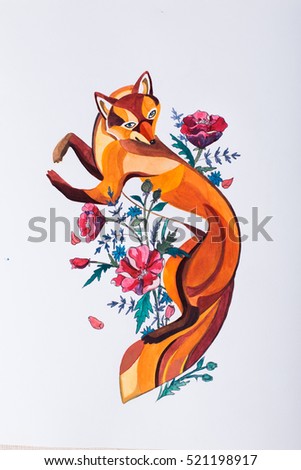 Sketch of fox in the colors on white background.