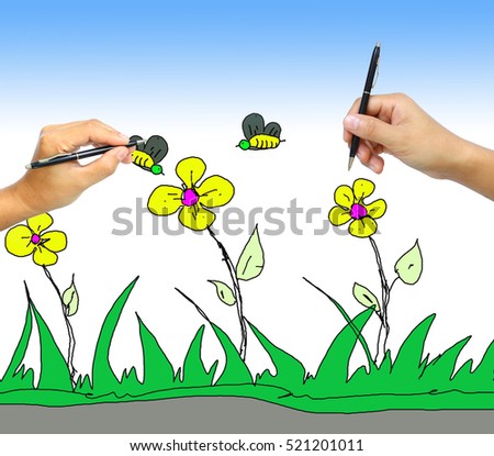 Flower drawing ,nature drawing flower bee grass and blue sky background copy space for texture. The Hand with black pen isolated on the white background. Hand with pen write