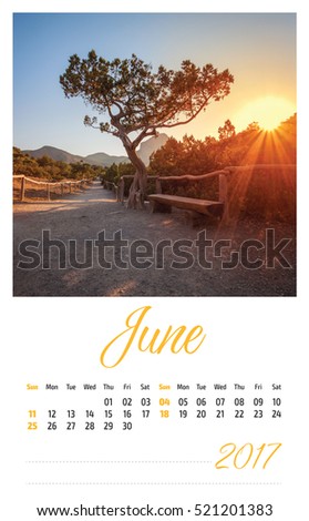 2017 photo calendar with beautiful landscape. June.