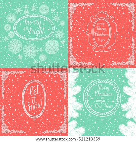 Merry and Bright Christmas, Happy Holidays, Happy New Year greeting cards set. Vector winter holidays backgrounds with hand lettering calligraphic, christmas tree branches, snowflakes, falling snow