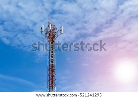 Antenna transmission tower on sunset background