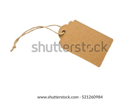 Blank decorative cardboard paper gift tag with twine tie, isolated on white