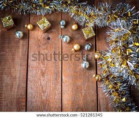 CHristmas decorations om wooden background. Christmas card.