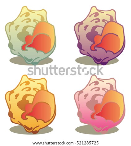 Different colored shells on a white background. Raster clip art