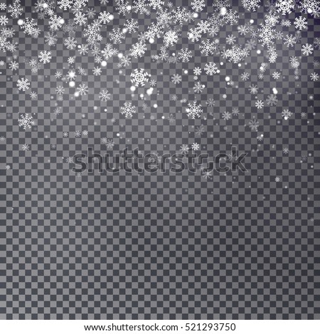 Christmas falling snow vector isolated on dark background. Snowflake transparent decoration effect. Xmas snow flake pattern. Magic white snowfall texture. Winter snowstorm backdrop illustration. Royalty-Free Stock Photo #521293750