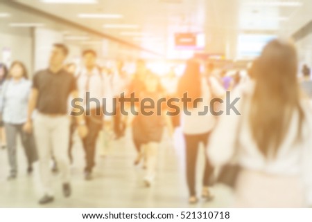 Abstract background Blurred image people walking at MRT station. Defocus background.