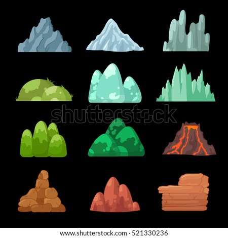 Mountains in Cartoon style, a set of mountain landscape games, vector illustration on a black background.